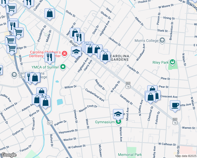 map of restaurants, bars, coffee shops, grocery stores, and more near 40 Radcliff Drive in Sumter
