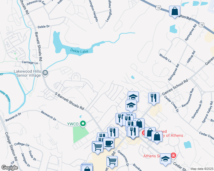 map of restaurants, bars, coffee shops, grocery stores, and more near 222 Parkridge Drive in Athens