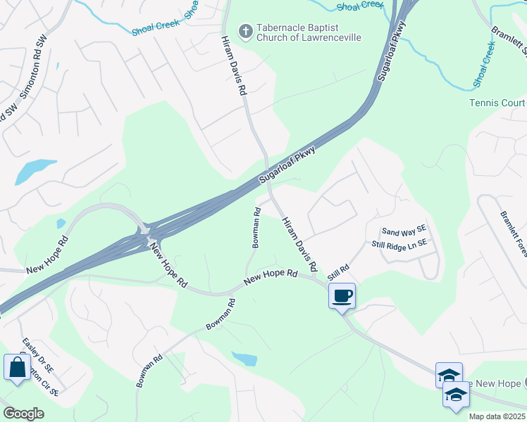 map of restaurants, bars, coffee shops, grocery stores, and more near 1262 Bowman Road in Lawrenceville