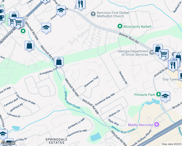 map of restaurants, bars, coffee shops, grocery stores, and more near 5516 Westberry Lane in Norcross