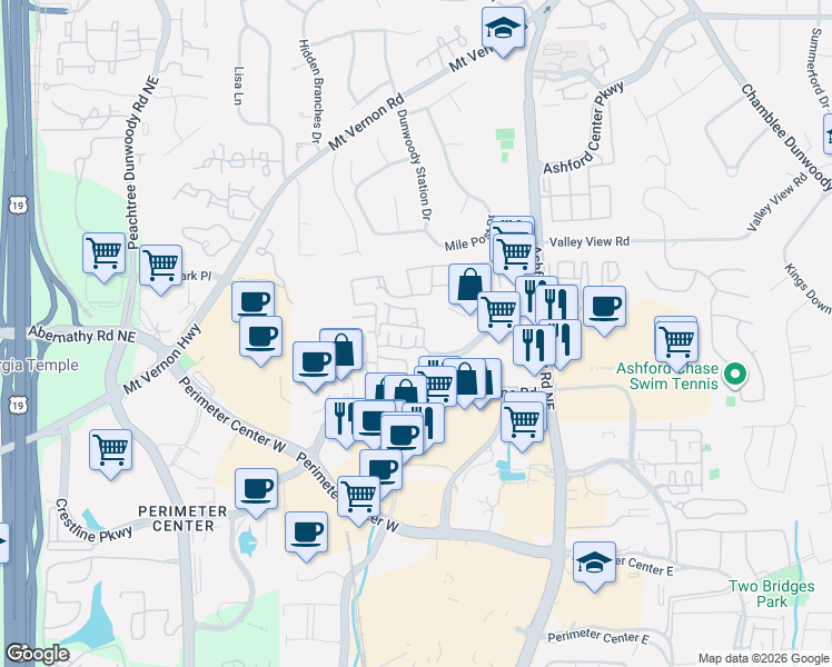 map of restaurants, bars, coffee shops, grocery stores, and more near 1100 Ashwood Parkway in Atlanta