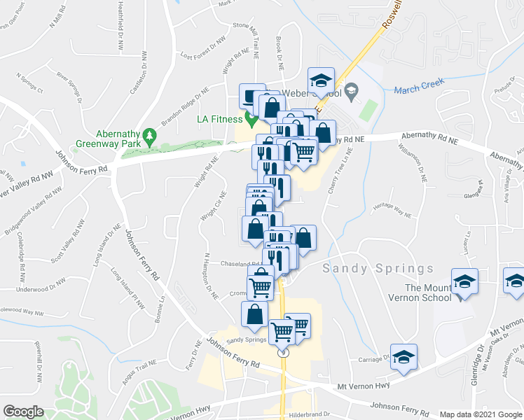 map of restaurants, bars, coffee shops, grocery stores, and more near 6520 Roswell Road Northeast in Atlanta