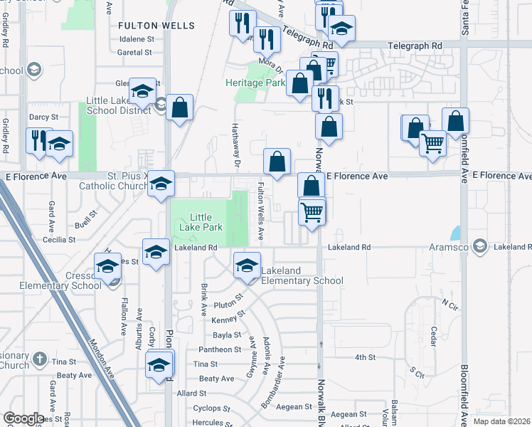 map of restaurants, bars, coffee shops, grocery stores, and more near 10902 Fulton Wells Avenue in Santa Fe Springs