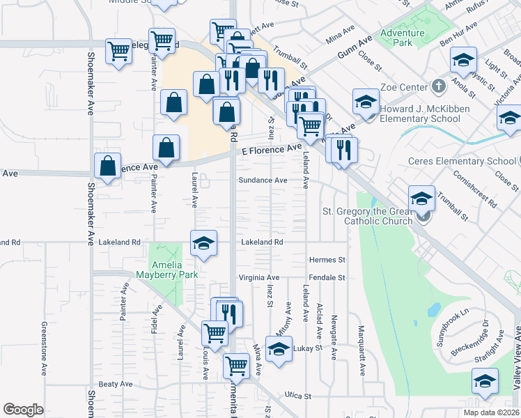 map of restaurants, bars, coffee shops, grocery stores, and more near 10849 Inez Street in Whittier