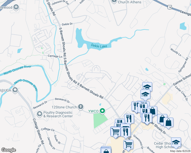 map of restaurants, bars, coffee shops, grocery stores, and more near 1150 Stroud Road in Athens