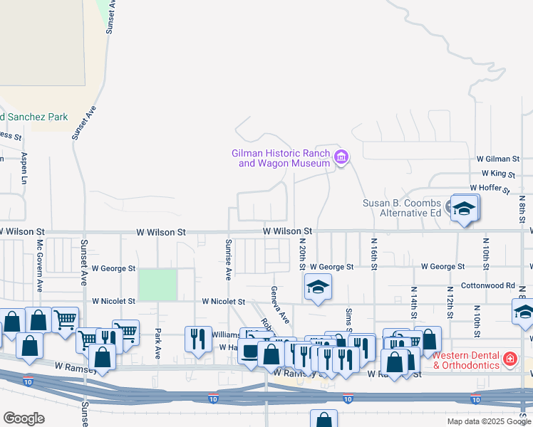 map of restaurants, bars, coffee shops, grocery stores, and more near 909 Starlight Court in Banning