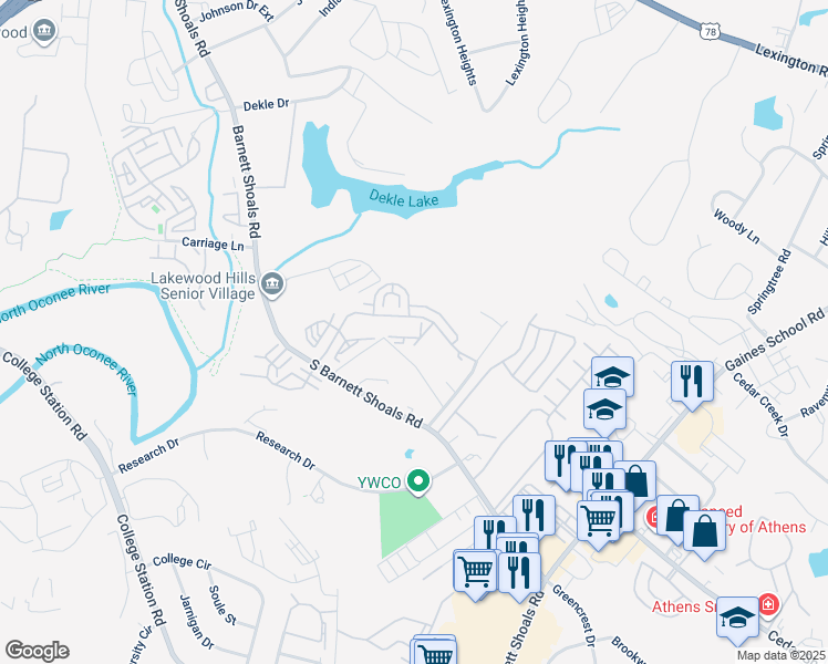 map of restaurants, bars, coffee shops, grocery stores, and more near 1035 South Barnett Shoals Road in Athens