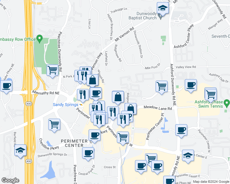 map of restaurants, bars, coffee shops, grocery stores, and more near 1808 Potomac Road in Dunwoody