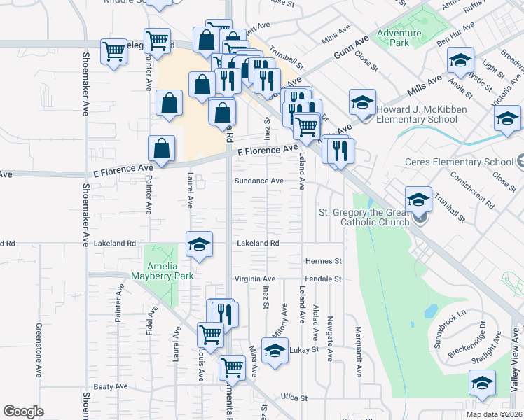 map of restaurants, bars, coffee shops, grocery stores, and more near 10914 Inez Street in Whittier