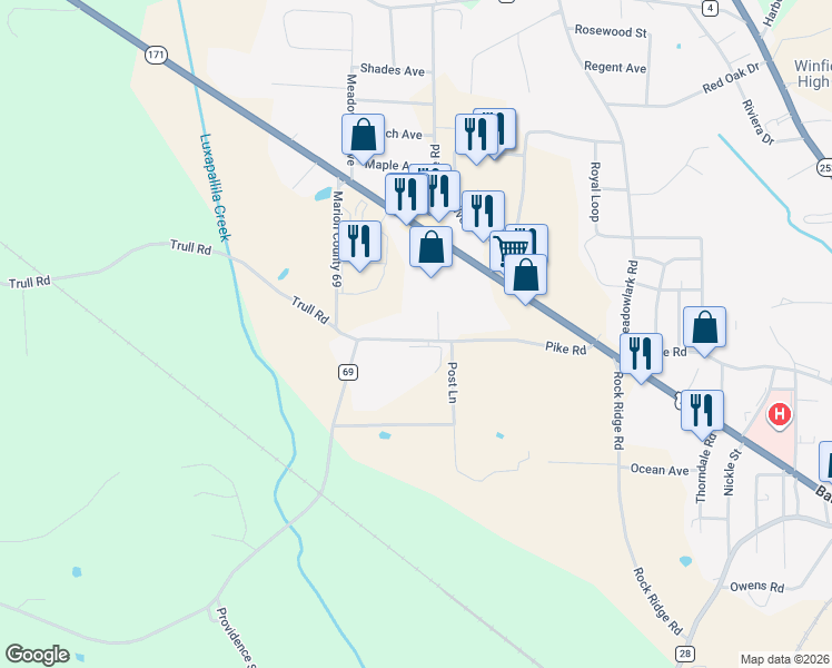 map of restaurants, bars, coffee shops, grocery stores, and more near 539 Pike Road in Winfield