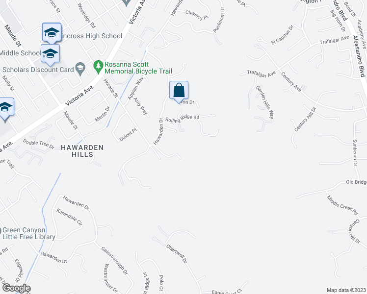 map of restaurants, bars, coffee shops, grocery stores, and more near 6240 Hawarden Drive in Riverside