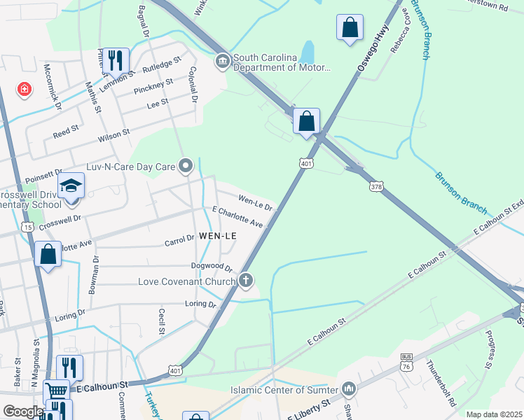 map of restaurants, bars, coffee shops, grocery stores, and more near 729 East Charlotte Avenue in Sumter