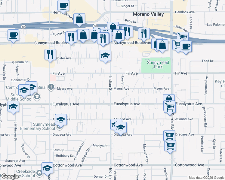 map of restaurants, bars, coffee shops, grocery stores, and more near 24519 Myers Avenue in Moreno Valley