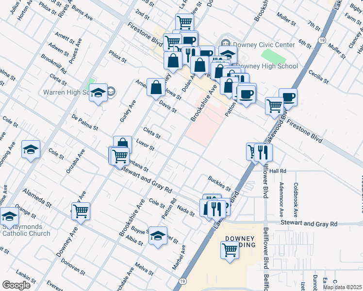 map of restaurants, bars, coffee shops, grocery stores, and more near 8509 Cleta Street in Downey