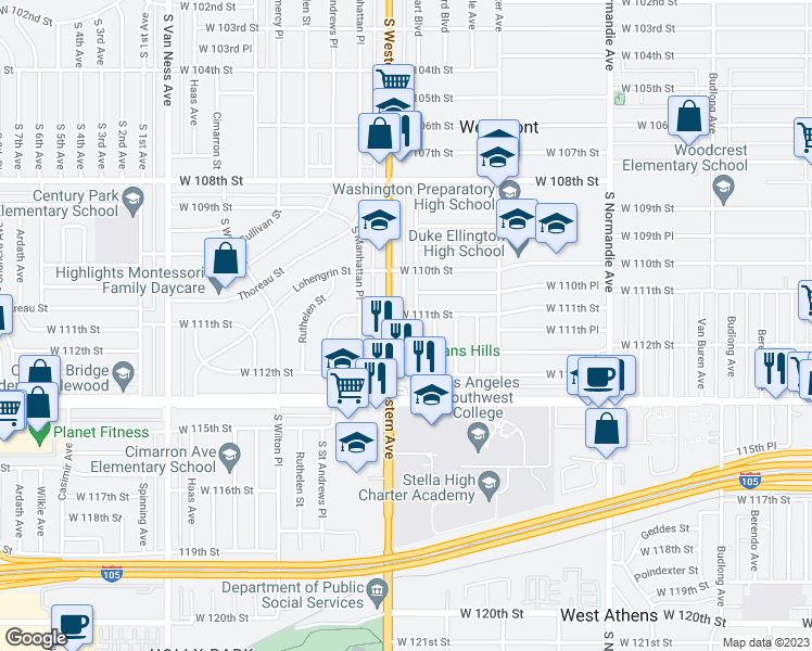 map of restaurants, bars, coffee shops, grocery stores, and more near 11130 South Western Avenue in Los Angeles