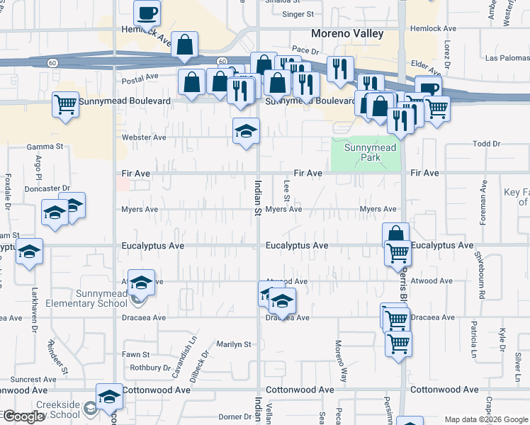 map of restaurants, bars, coffee shops, grocery stores, and more near 24519 Myers Avenue in Moreno Valley