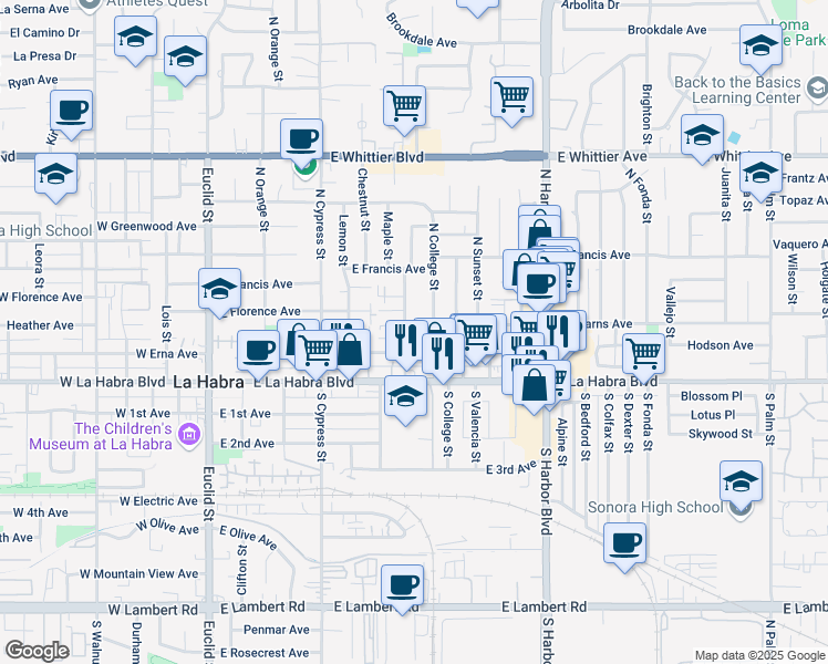 map of restaurants, bars, coffee shops, grocery stores, and more near 704 East Stearns Avenue in La Habra