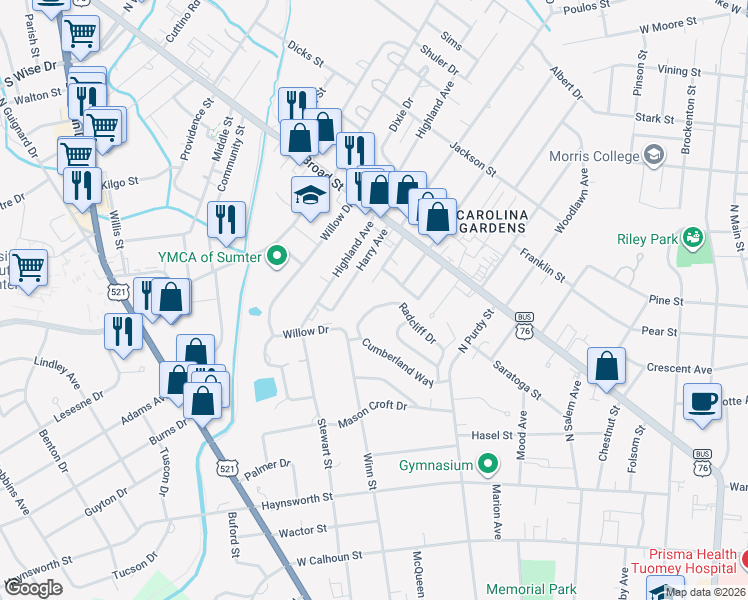 map of restaurants, bars, coffee shops, grocery stores, and more near 101 Radcliff Drive in Sumter