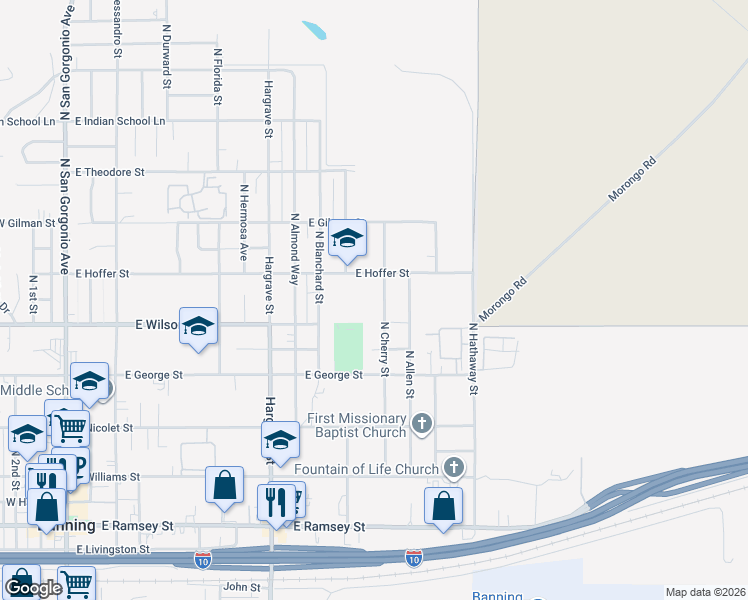 map of restaurants, bars, coffee shops, grocery stores, and more near 835 North Cherry Street in Banning
