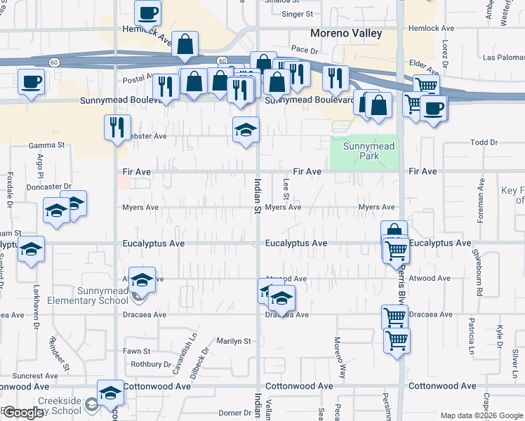 map of restaurants, bars, coffee shops, grocery stores, and more near 24521 Myers Avenue in Moreno Valley
