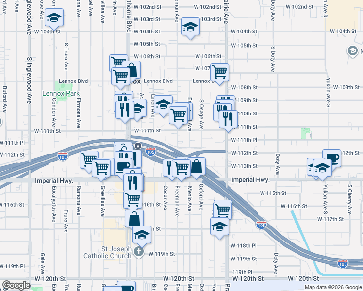 map of restaurants, bars, coffee shops, grocery stores, and more near 11138 South Freeman Avenue in Inglewood