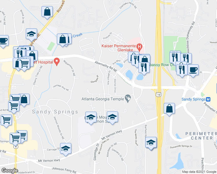 map of restaurants, bars, coffee shops, grocery stores, and more near 6461 Canopy Drive in Sandy Springs