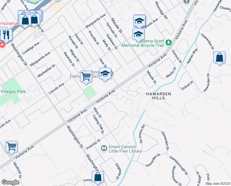 map of restaurants, bars, coffee shops, grocery stores, and more near 6743 Foxhall Court in Riverside