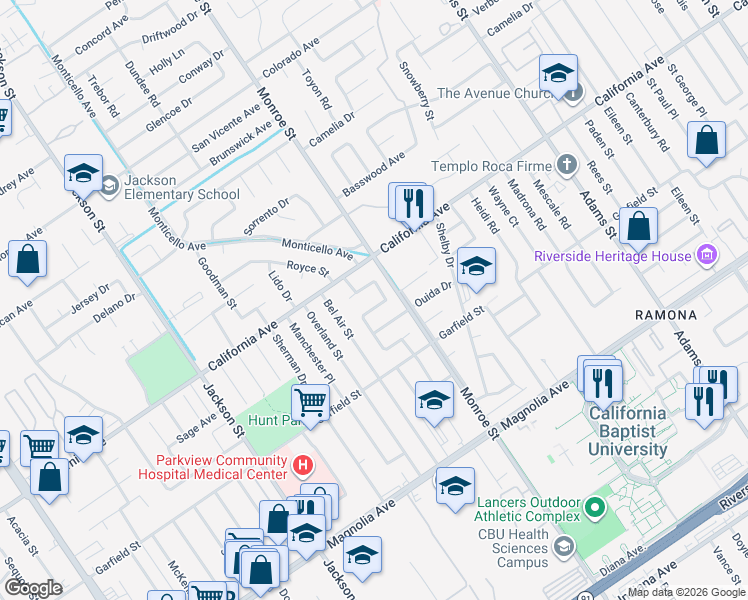 map of restaurants, bars, coffee shops, grocery stores, and more near 8741 Harper Court in Riverside