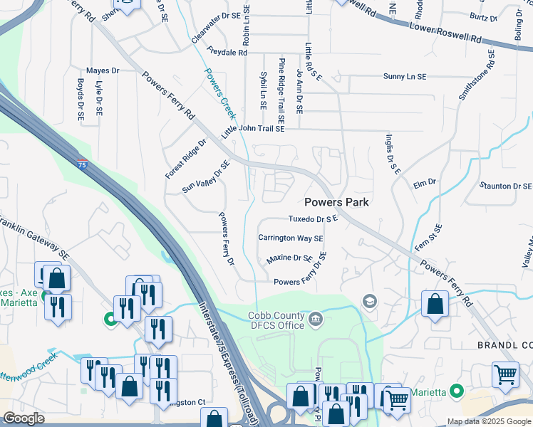 map of restaurants, bars, coffee shops, grocery stores, and more near 2315 Tuxedo Drive South East in Marietta
