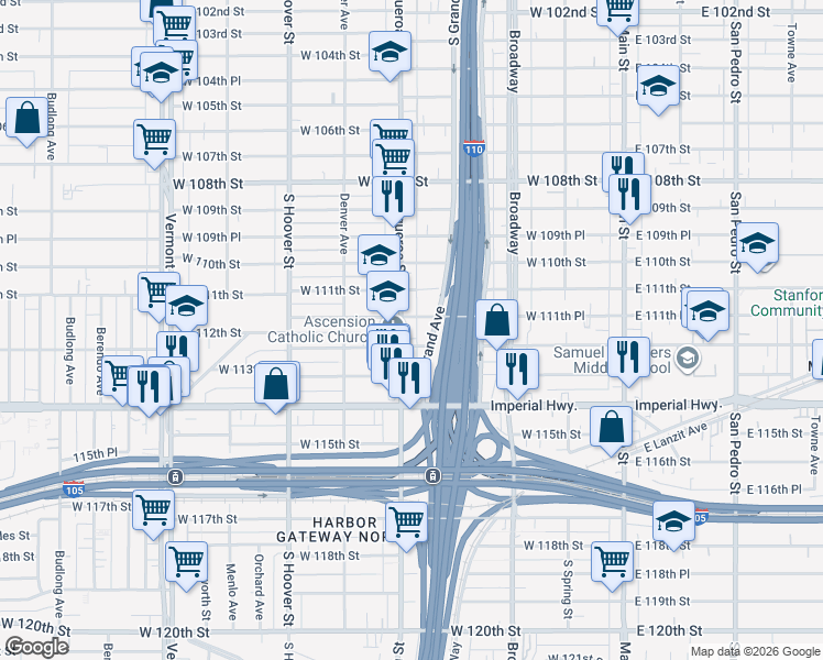 map of restaurants, bars, coffee shops, grocery stores, and more near 11166 South Figueroa Street in Los Angeles
