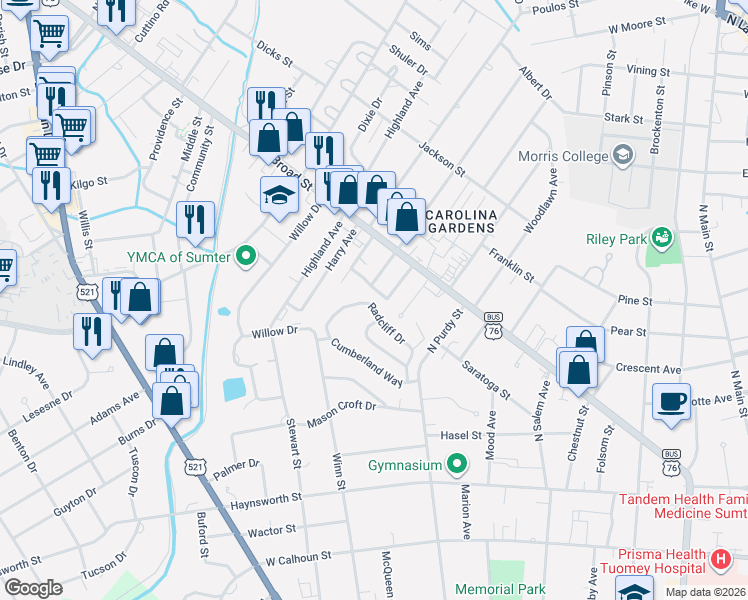 map of restaurants, bars, coffee shops, grocery stores, and more near 41 Radcliff Drive in Sumter