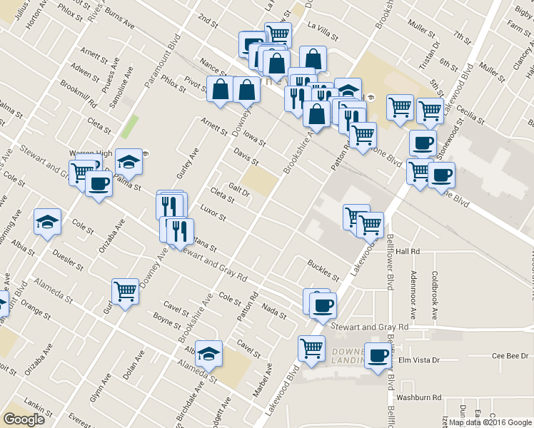 map of restaurants, bars, coffee shops, grocery stores, and more near 8509 Cleta Street in Downey