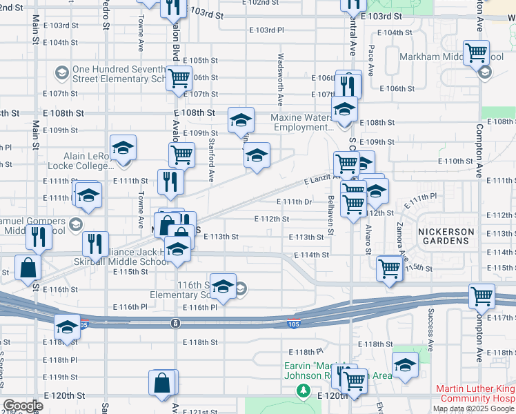 map of restaurants, bars, coffee shops, grocery stores, and more near 802 East 111th Drive in Los Angeles