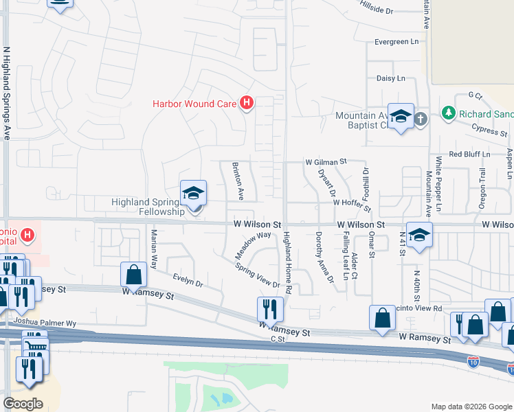 map of restaurants, bars, coffee shops, grocery stores, and more near 4968 West Hoffer Street in Banning