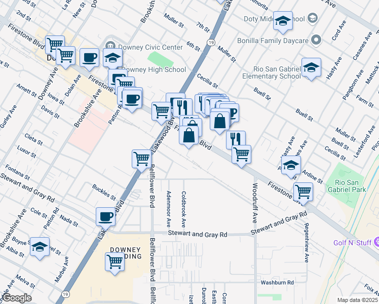 map of restaurants, bars, coffee shops, grocery stores, and more near 9102 Firestone Boulevard in Downey