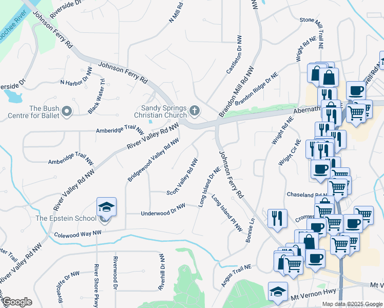 map of restaurants, bars, coffee shops, grocery stores, and more near 6580 Scott Valley Road Northwest in Atlanta