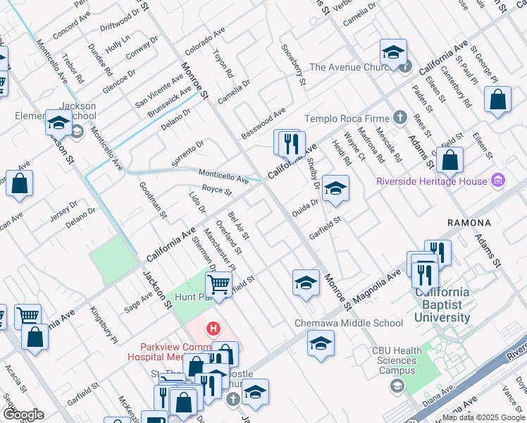 map of restaurants, bars, coffee shops, grocery stores, and more near 8741 Harper Court in Riverside