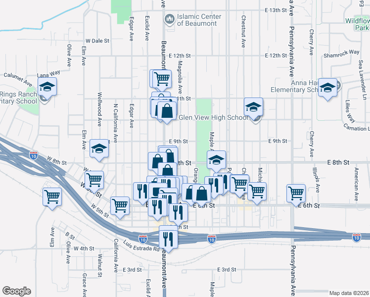 map of restaurants, bars, coffee shops, grocery stores, and more near 825 Magnolia Avenue in Beaumont