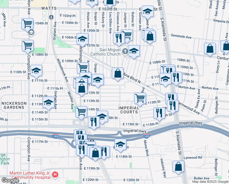map of restaurants, bars, coffee shops, grocery stores, and more near 2117 East 112th Street in Los Angeles
