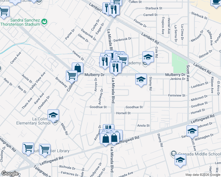 map of restaurants, bars, coffee shops, grocery stores, and more near 10857 La Mirada Boulevard in Whittier