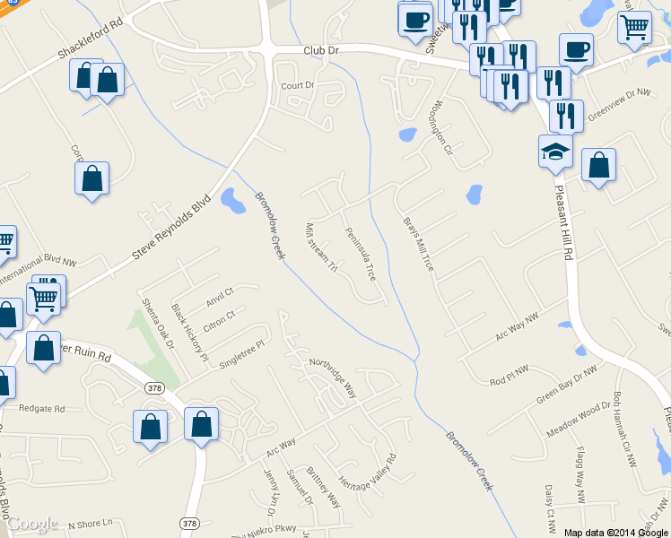 map of restaurants, bars, coffee shops, grocery stores, and more near 1269 Millstream Trail Northwest in Lawrenceville