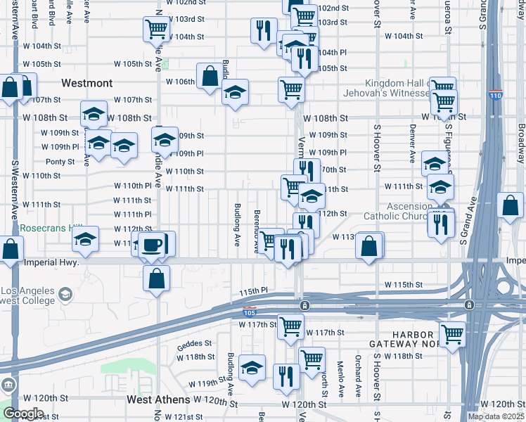 map of restaurants, bars, coffee shops, grocery stores, and more near 1101 West 112th Street in Los Angeles