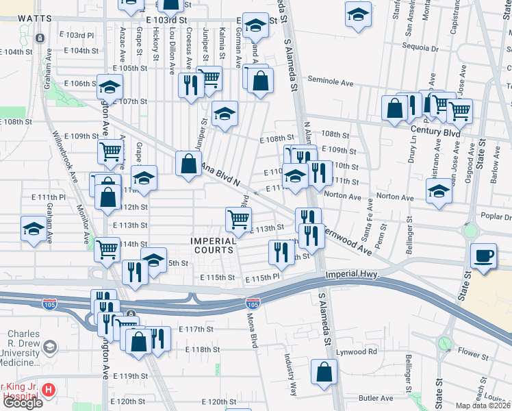 map of restaurants, bars, coffee shops, grocery stores, and more near 2408 East 112th Place in Los Angeles