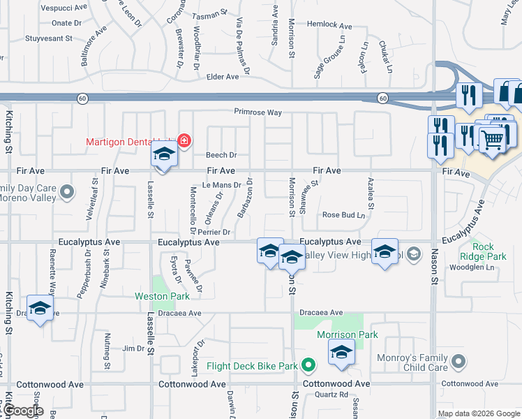 map of restaurants, bars, coffee shops, grocery stores, and more near 12914 Bordeaux Court in Moreno Valley