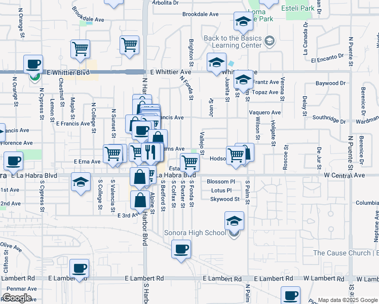 map of restaurants, bars, coffee shops, grocery stores, and more near 1440 Eastpark Drive in La Habra