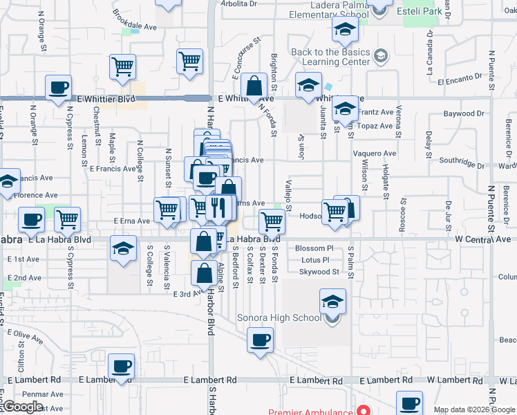 map of restaurants, bars, coffee shops, grocery stores, and more near 1440 Eastpark Drive in La Habra