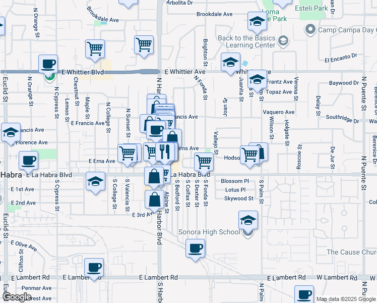 map of restaurants, bars, coffee shops, grocery stores, and more near 1440 Eastpark Drive in La Habra