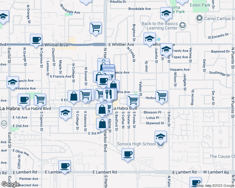 map of restaurants, bars, coffee shops, grocery stores, and more near 181 Greentree Lane in La Habra