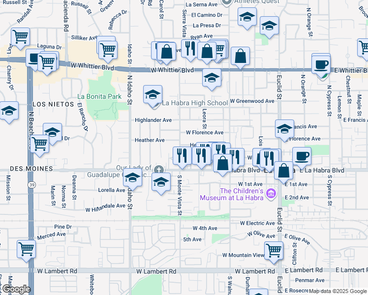 map of restaurants, bars, coffee shops, grocery stores, and more near 201 Willow Street in La Habra