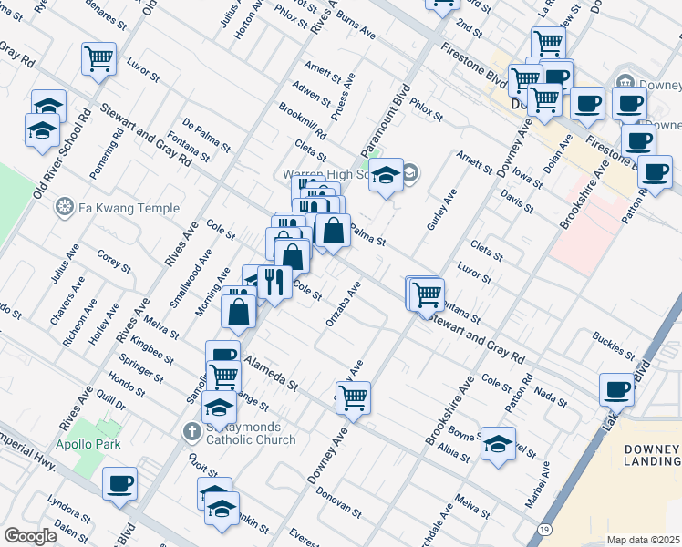 map of restaurants, bars, coffee shops, grocery stores, and more near 8111 Cole Street in Downey